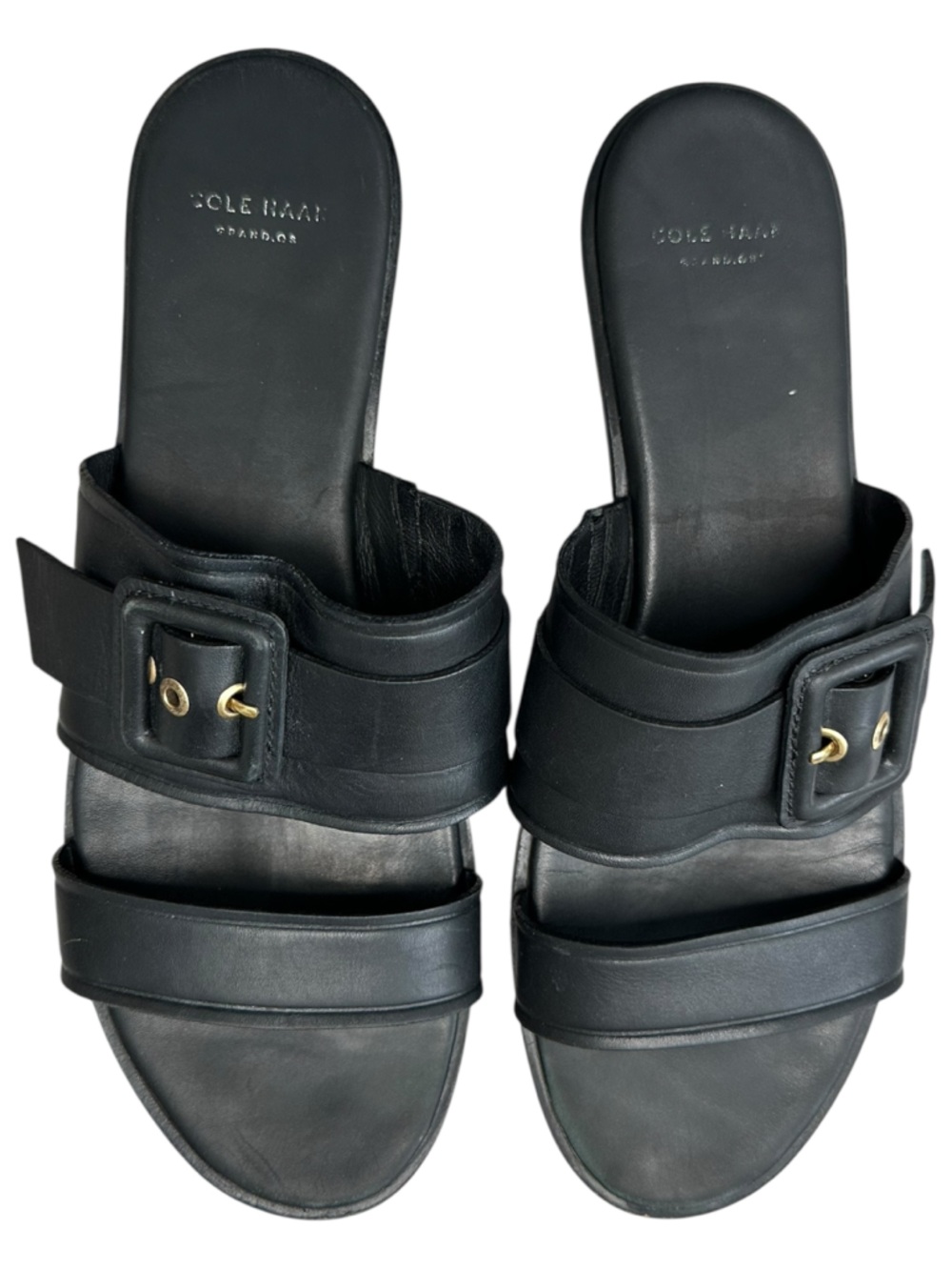 Cole Haan Amavia Black Leather Flat Sandals Slides Buckle Strap Women’s 8B - Picture 2 of 9